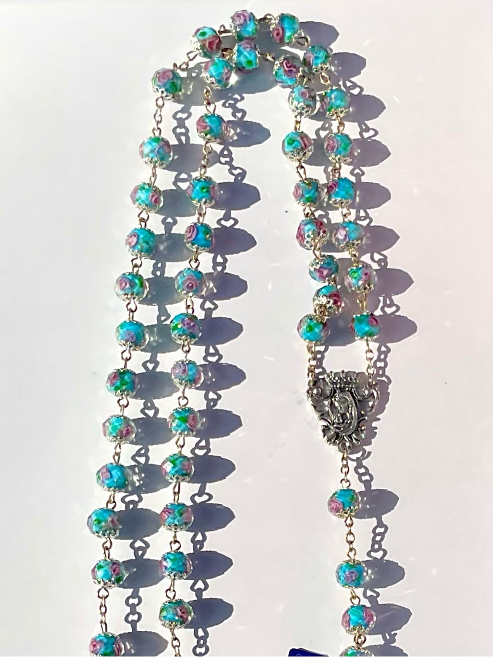 Turquoise Encased Lampwork Crystal Floral Rosary with Bright Pink Roses Inside - Picture 2 of 12